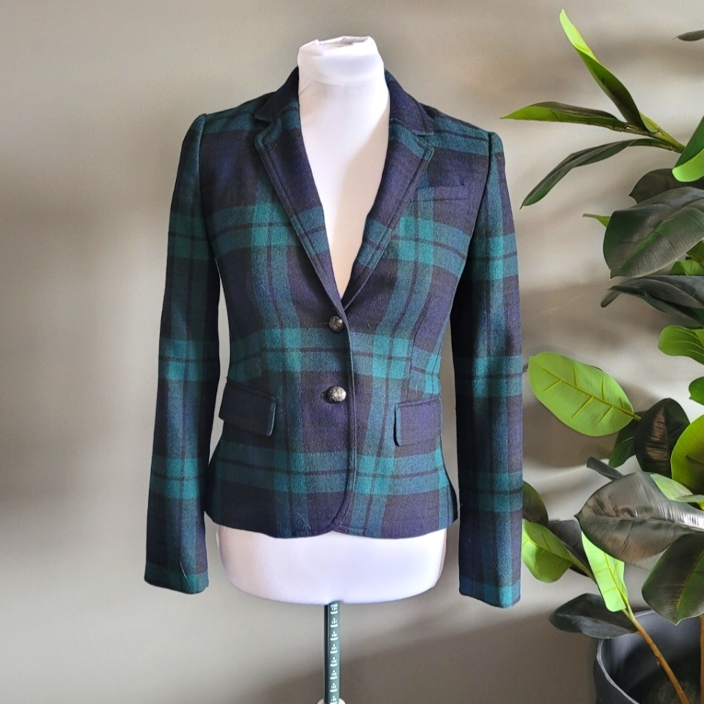 Banana Republic | Wool Blend Navy Green Plaid Blazer